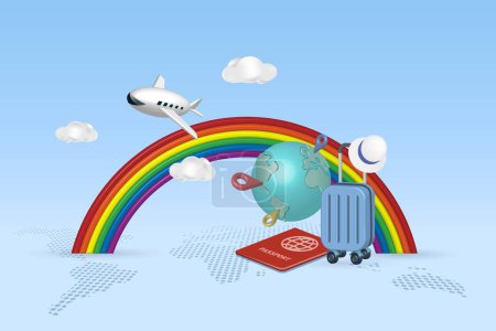 Foto de Concepto Trave. Avión volando sobre arco iris con equipaje y pasaporte. Viajar en avión para explorar el mundo. 3D vector realista. - Imagen libre de derechos