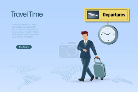 Illustration for Travel, business trip concept. Businessman carrying luggage checking time on watch. at airport, 3D vector. - Royalty Free Image