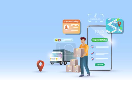 Illustration for Online delivery service with excellent customer rating and review. Delivery man holding carton shipments with smart tracking technology and best delivery service performance. Vector Illustration. - Royalty Free Image