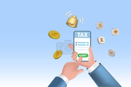 Foto de Online income tax filing concept. Businessman hand submit tax filing on smart tablet .3D vector. - Imagen libre de derechos