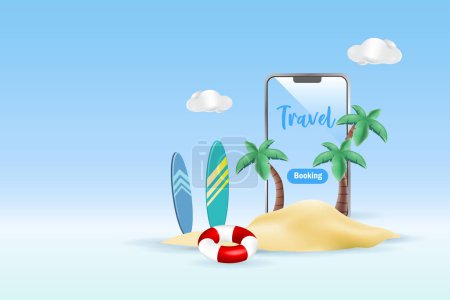 Foto de Vacaciones de viaje en verano isla de playa tropical con tabla de surf, palmeras y anillo de natación en el teléfono inteligente. Ilustración vectorial 3D. - Imagen libre de derechos