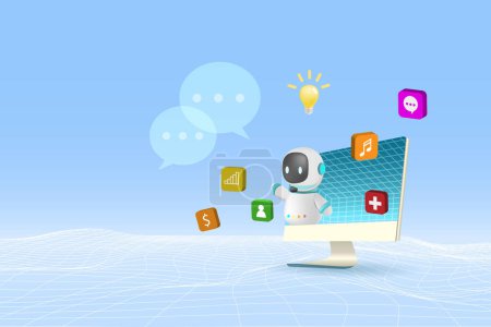 Illustration for AI chat bot on computer generate smart solution answer to user. Artificial intelligence robot answer questions provide smart refinement conversation and ideas. 3D vector. - Royalty Free Image