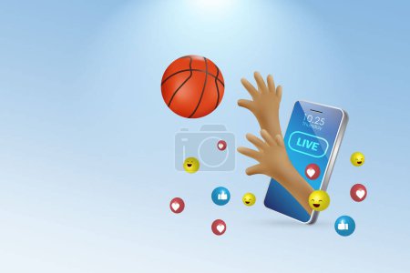 Ilustración de Deportes de baloncesto transmisión en vivo en el móvil. Jugador de baloncesto manos bola de tiro en la pantalla del teléfono inteligente virtual con el amor de las redes sociales y como iconos. Vector 3D. - Imagen libre de derechos