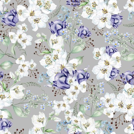 Photo for Flower cherry  blossom, tulips and leaves. Floral seamless pattern. Watercolor - Royalty Free Image