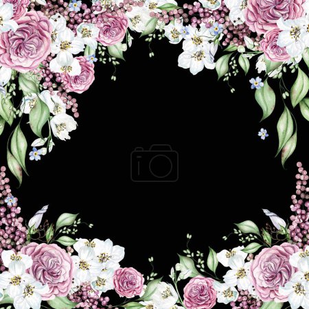 Foto de Flor de cerezo, rosas y hojas. Tarjeta floral. Ilustración en acuarela - Imagen libre de derechos