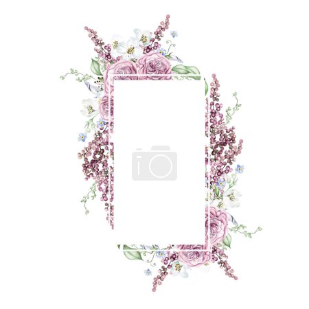 Foto de Flor de cerezo, rosas y hojas. Tarjeta de boda floral. Ilustración en acuarela - Imagen libre de derechos
