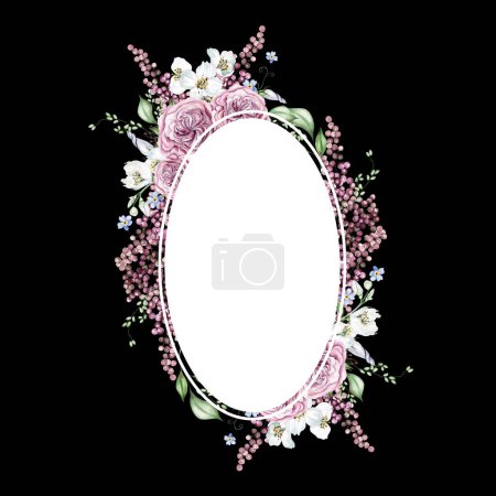 Téléchargez les photos : Fleurs de cerisier, roses et feuilles. Carte de mariage floral. Illustration aquarelle - en image libre de droit