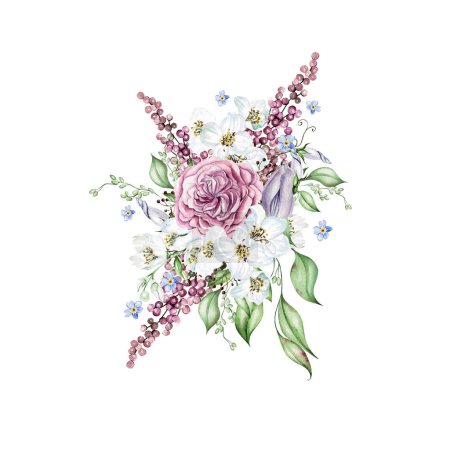 Téléchargez les photos : Fleurs de cerisier, roses et feuilles. Bouquet de mariage floral. Illustration aquarelle - en image libre de droit