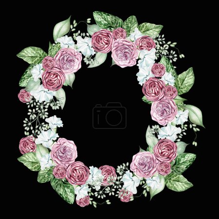 Téléchargez les photos : Fleur pétunia fleur et roses, feuilles d'eucalyptus. Couronne de mariage floral. Illustration aquarelle - en image libre de droit