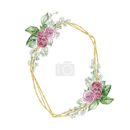 Photo for Flower roses blossom and eucalyptus leaves. Floral wedding wreath. Watercolor illustration - Royalty Free Image