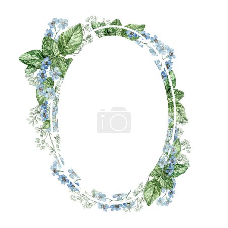 Foto de Flores azules pequeñas y hojas de eucalipto. Corona de boda floral. Acuarela - Imagen libre de derechos