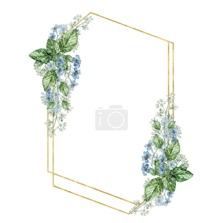 Foto de Flores azules pequeñas y hojas de eucalipto. Corona de boda floral. Ilustración de acuarela - Imagen libre de derechos