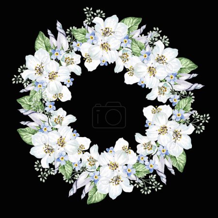 Photo for Flower cherry  blossom and petunia, eucalyptus leaves. Floral wedding wreath. Watercolor - Royalty Free Image