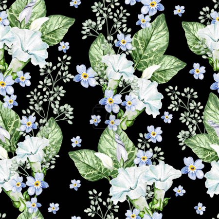 Téléchargez les photos : Petites fleurs bleues fleurissent, pétunia et feuilles. Motif floral sans couture. illstration aquarelle - en image libre de droit
