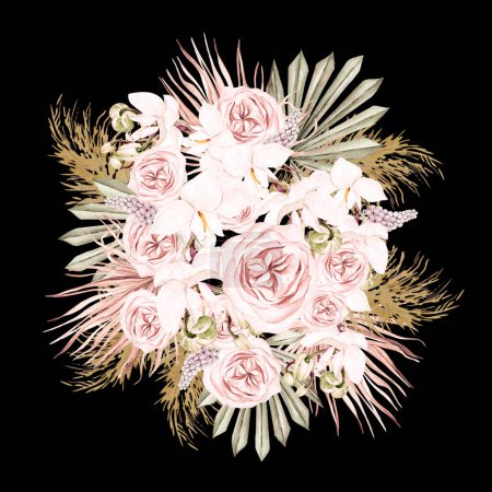 Téléchargez les photos : Bouquet aquarelle avec des fleurs et des feuilles séchées boho. Illustration - en image libre de droit