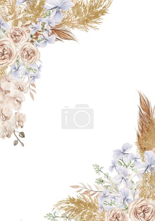 Téléchargez les photos : Carte aquarelle avec fleurs et feuilles séchées boho. Illustration - en image libre de droit