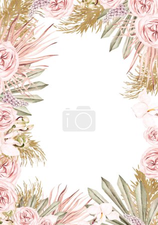 Téléchargez les photos : Carte aquarelle avec fleurs et feuilles séchées boho. Illustration - en image libre de droit