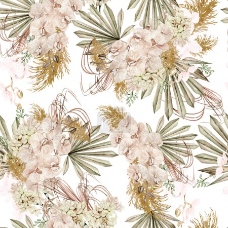 Photo for Watercolor seamless pattern with boho flowers and leaves, Illustration - Royalty Free Image