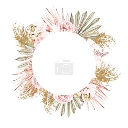 Photo for Watercolor  wedding  wreath with boho flowers and dried leaves. Illustration. - Royalty Free Image