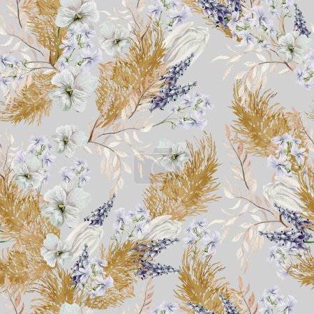 Téléchargez les photos : Aquarelle motif sans couture avec des fleurs et des feuilles boho, Illustration - en image libre de droit