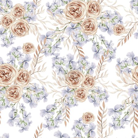 Aquarell nahtloses Muster mit Boho-Blüten und Blättern, Illustration