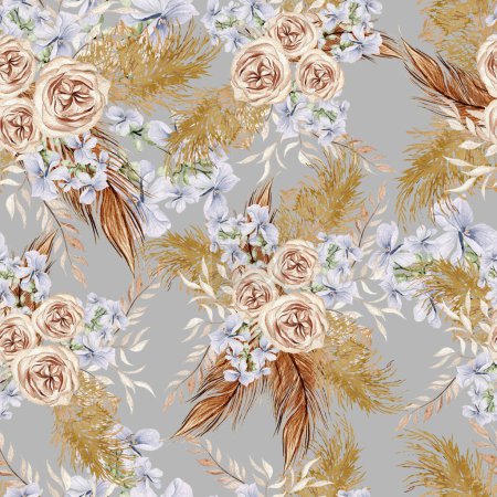 Téléchargez les photos : Aquarelle motif sans couture avec des fleurs et des feuilles boho, Illustration - en image libre de droit