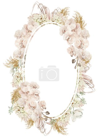 Téléchargez les photos : Couronne de mariage aquarelle avec fleurs boho et feuilles séchées. Illustration. - en image libre de droit