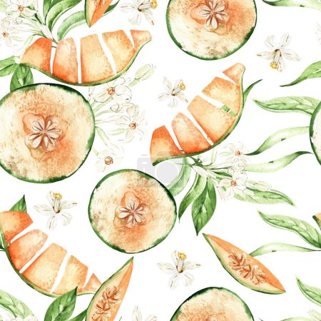 Photo for Melon, seamless patterns on a white background, watercolor illustration, hand drawing - Royalty Free Image