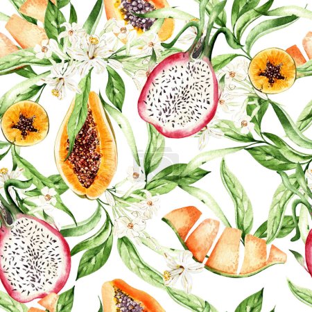 Foto de Papaya y fruta de dragón, hojas patrones sin costura sobre fondo blanco, ilustración de acuarela, dibujo a mano - Imagen libre de derechos
