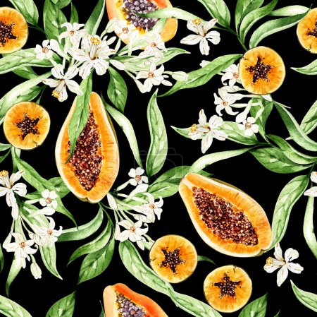 Téléchargez les photos : Papaye fruits et feuilles motifs sans couture sur un fond noir, illustration aquarelle, dessin à la main - en image libre de droit