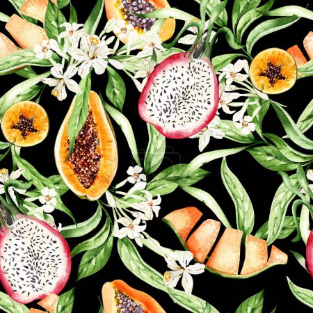Foto de Papaya y fruta de dragón, hojas patrones sin costura sobre fondo negro, ilustración de acuarela, dibujo a mano - Imagen libre de derechos