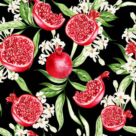 Photo for Pomegranate fruits,  leaves  seamless patterns on black background, watercolor illustration, hand drawing - Royalty Free Image