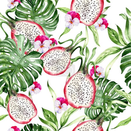 Photo for Dragon fruit and tropical leaves, seamless patterns on white background, watercolor illustration, hand drawing - Royalty Free Image
