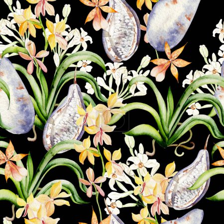 Téléchargez les photos : Akebi fruits et feuilles tropicales, motifs sans couture sur fond noir, illustration aquarelle, dessin à la main - en image libre de droit