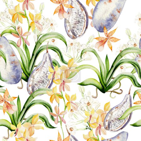Téléchargez les photos : Akebi fruits et feuilles tropicales, motifs sans couture sur fond blanc, illustration aquarelle, dessin à la main - en image libre de droit