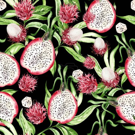 Photo for Dragon fruit  and  rambutan, tropical leaves, seamless patterns on black background, watercolor illustration, hand drawing - Royalty Free Image