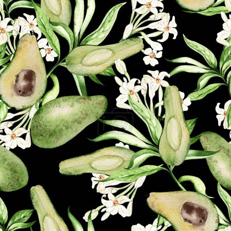 Foto de Fruta del aguacate, hojas tropicales, patrones sin costura sobre fondo negro, ilustración de acuarela, dibujo a mano - Imagen libre de derechos