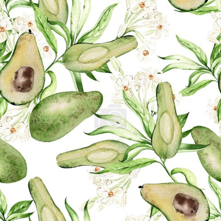 Foto de Fruta del aguacate, hojas tropicales, patrones sin costura sobre fondo blanco, ilustración de acuarela, dibujo a mano - Imagen libre de derechos