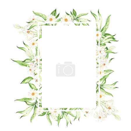 Foto de Hojas tropicales, flores, tarjeta sobre fondo blanco, ilustración de acuarela, dibujo a mano - Imagen libre de derechos