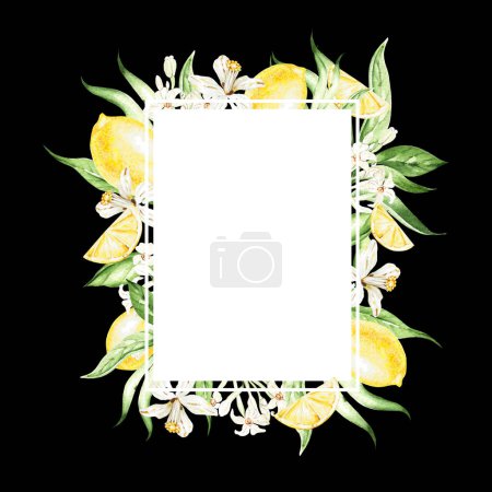 Foto de Frutas tropicales de limón y hojas, flores, tarjeta sobre fondo negro, ilustración de acuarela, dibujo a mano - Imagen libre de derechos