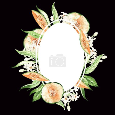 Foto de Melón fruta y hojas, tarjeta sobre fondo negro, ilustración acuarela, dibujo a mano - Imagen libre de derechos