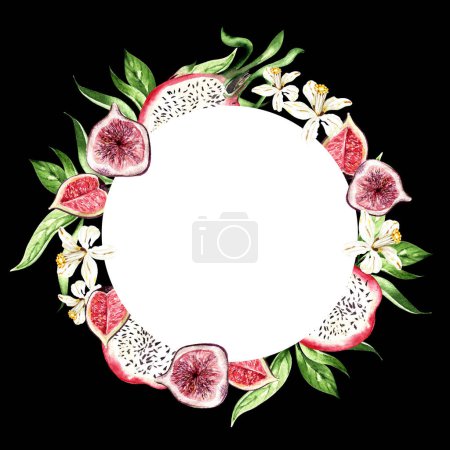 Foto de Fruta del dragón, higuera y hojas tropicales, tarjeta de flores sobre fondo negro, ilustración de acuarela, dibujo a mano - Imagen libre de derechos