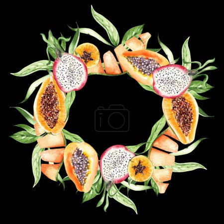 Téléchargez les photos : Papaya fruit, dragon fruit  and leaves  wreath on black background, watercolor illustration, hand drawing - en image libre de droit