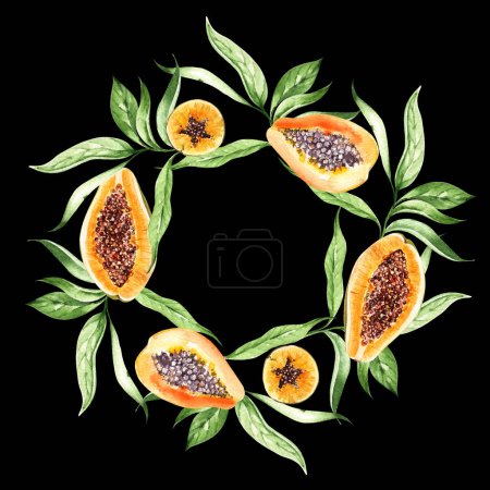 Téléchargez les photos : Papaya fruit and leaves  wreath on black background, watercolor illustration, hand drawing - en image libre de droit