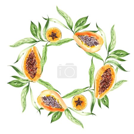 Téléchargez les photos : Papaya fruit and leaves  wreath on white  background, watercolor illustration - en image libre de droit
