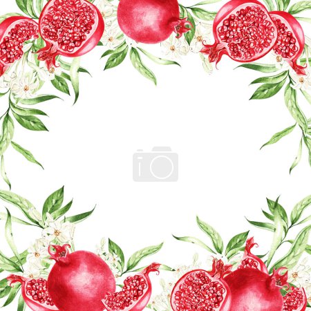 Téléchargez les photos : Pomegranate fruits,  leaves  card on white background, watercolor illustration, hand drawing - en image libre de droit