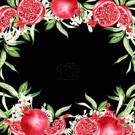 Téléchargez les photos : Pomegranate fruits,  leaves  card on black background, watercolor illustration, hand drawing - en image libre de droit