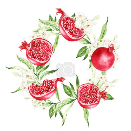 Téléchargez les photos : Pomegranate fruits,  leaves  wreath on white background, watercolor illustration, hand drawing - en image libre de droit