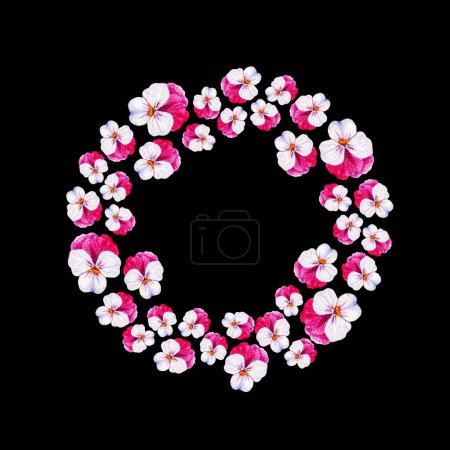 Téléchargez les photos : Pansy flowers wreath on black background, watercolor illustration, hand drawing - en image libre de droit