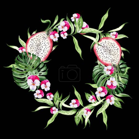 Photo for Dragon fruit, pansy flowers and tropical leaves, wreath on black background, watercolor illustration, hand drawing - Royalty Free Image